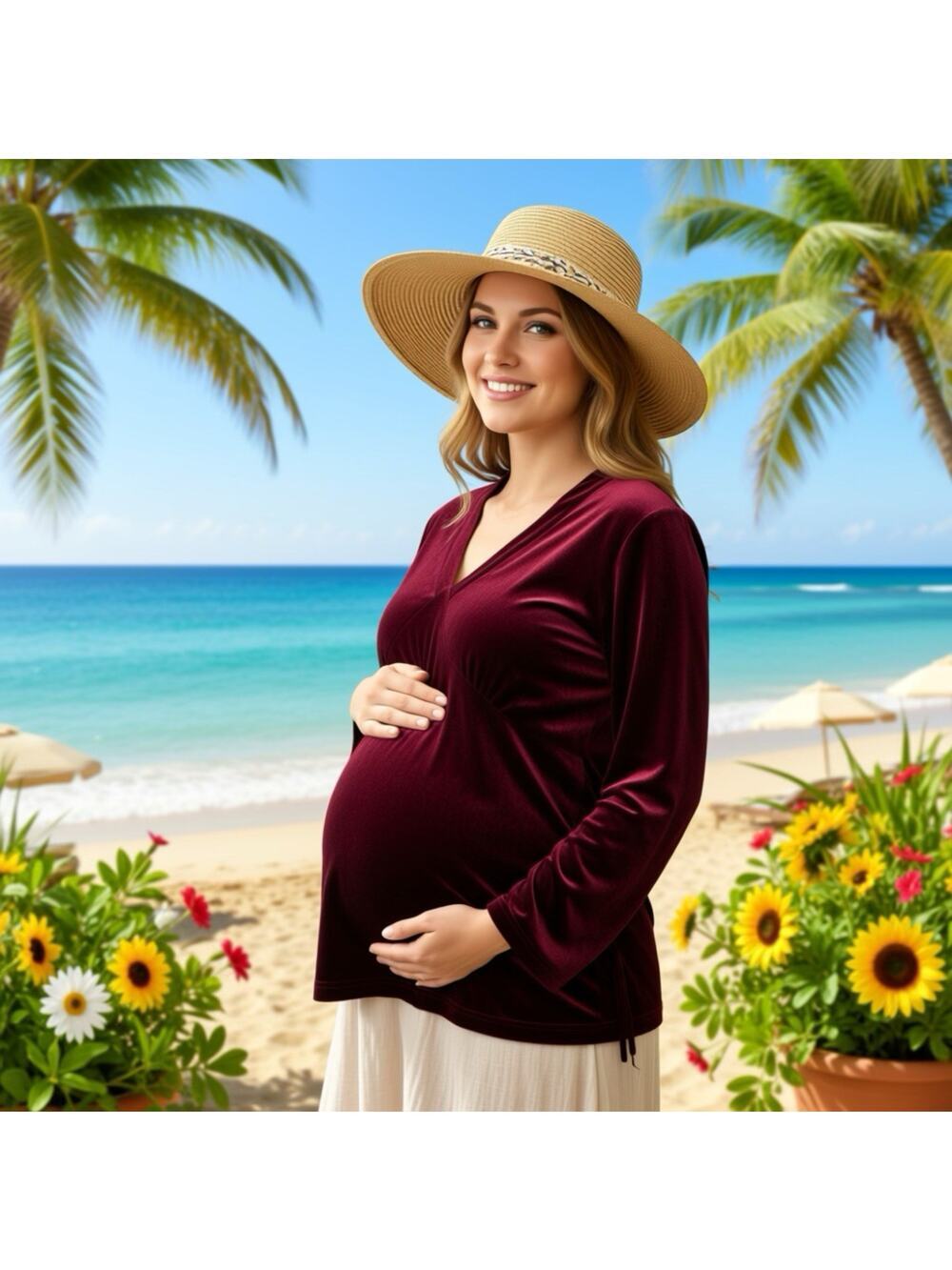 BABY AND ME Maternity Blouse Babydoll Velvet Long Sleeve V Neck Maroon XL Vamp